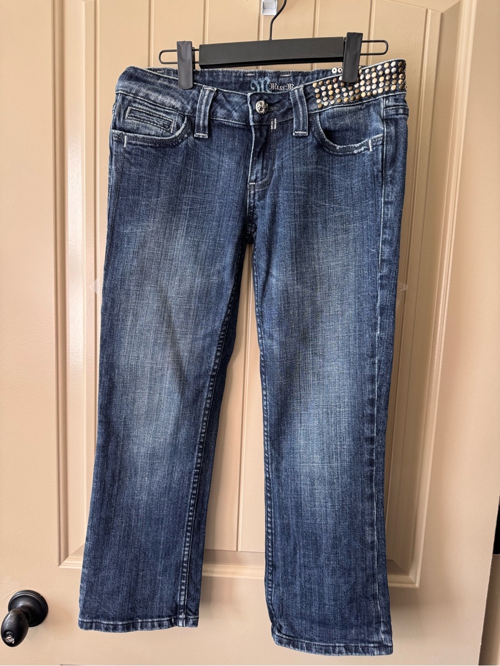Miss Me Low Rise Dark Blue Studded Waist Boot Cut Jeans
